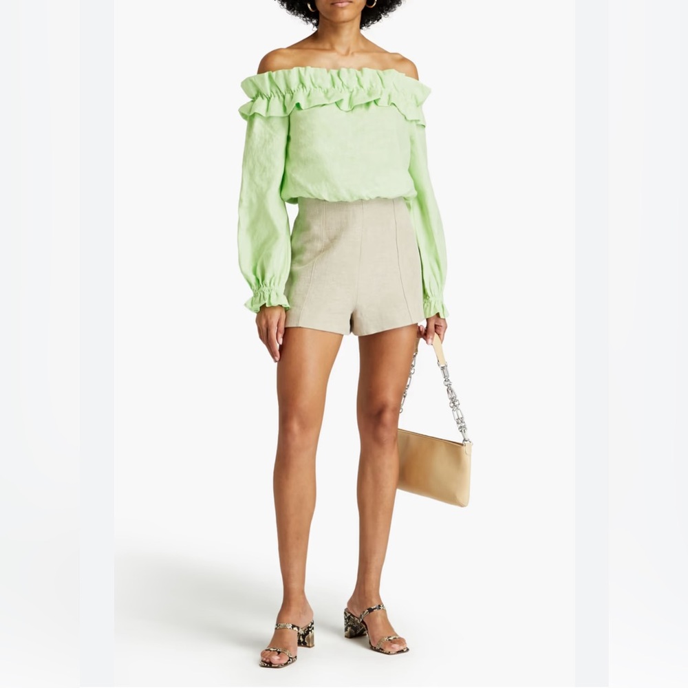 Cami NYC Cala Top in Neo Mint Green Off the Shoulder 100% Linen Ruffle Size M